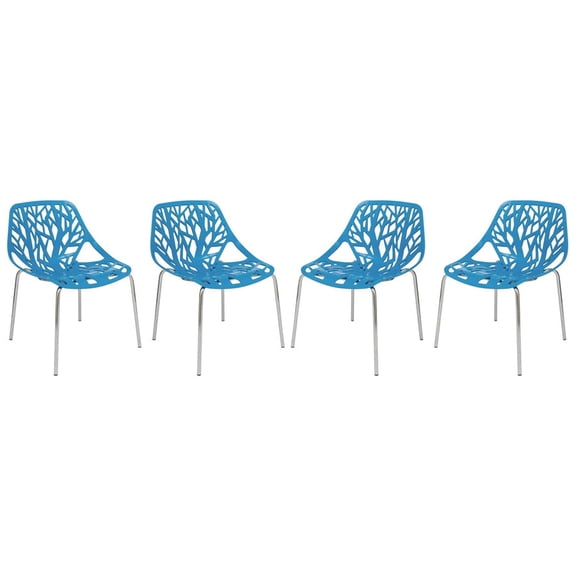 LeisureMod Dining Chair with Molded Polypropylene Seat and Chrome Legs Tree-Inspired Cutout Back Design Stackable for Modern Home, Kitchen, Cafes Asbury Collection in Blue