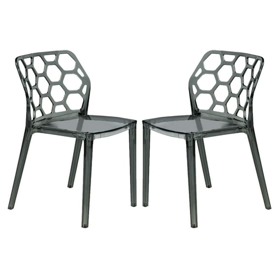 LeisureMod Dining Chair Stackable Accent Side Chair Transparent Modern Kitchen Chair with Honeycomb Back Design for Dining Room and Kitchen Dynamic Collection in Transparent Black Set of 2