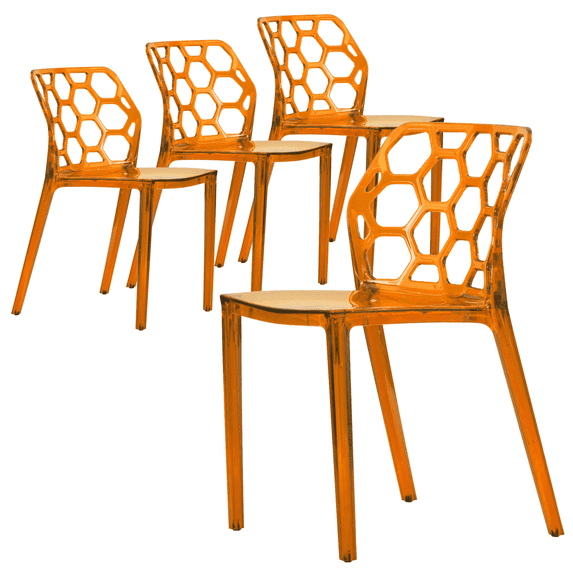 LeisureMod Dining Chair Stackable Accent Side Chair Transparent Modern Kitchen Chair with Honeycomb Back Design for Dining Room and Kitchen Dynamic Collection in Transparent Orange Set of 4