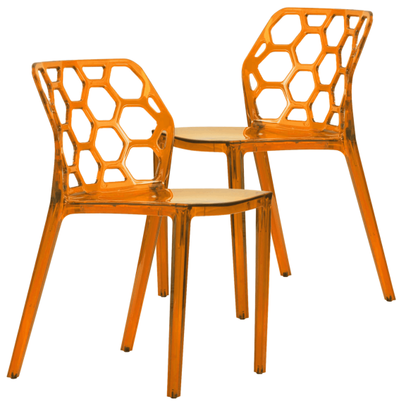 LeisureMod Dining Chair Stackable Accent Side Chair Transparent Modern Kitchen Chair with Honeycomb Back Design for Dining Room and Kitchen Dynamic Collection in Transparent Orange Set of 2