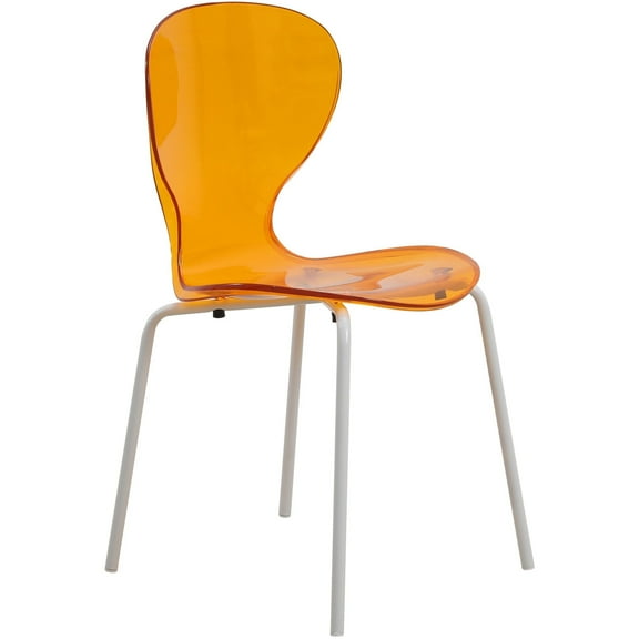 LeisureMod Dining Chair Stackable Curved Back and Waterfall Edge Seat Design with Stainless Steel Legs for Modern Home, Kitchen, and Office Oyster Collection White Base in Transparent Orange
