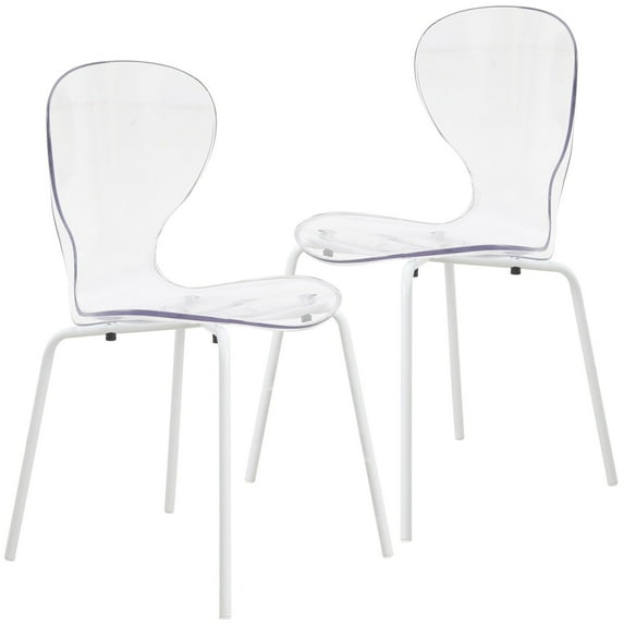 LeisureMod Dining Chair Stackable Curved Back and Waterfall Edge Seat Design with Stainless Steel Legs for Modern Home, Kitchen, and Office Oyster Collection White Base Set of 2, Clear