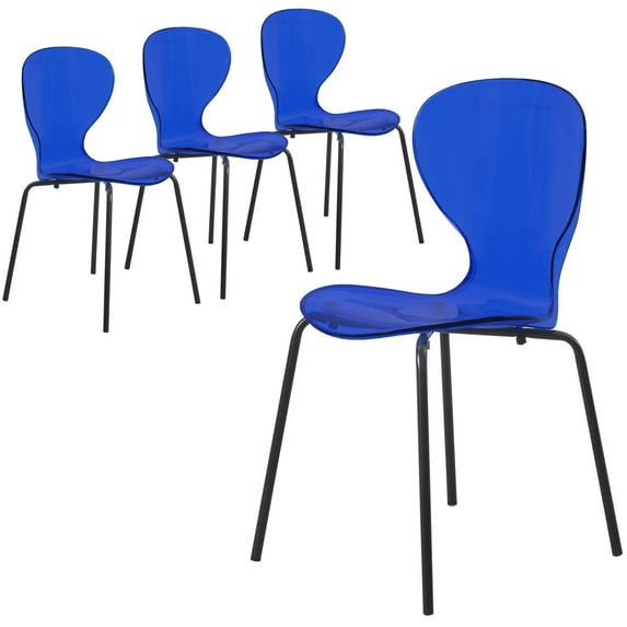 LeisureMod Oyster Modern Clear Acrylic Dining Chair with Black Metal Legs, Transparent Kitchen Dining Room Chair, Contemporary Accent Chair for Home, Office or Restaurant, Transparent Blue, Set of 4
