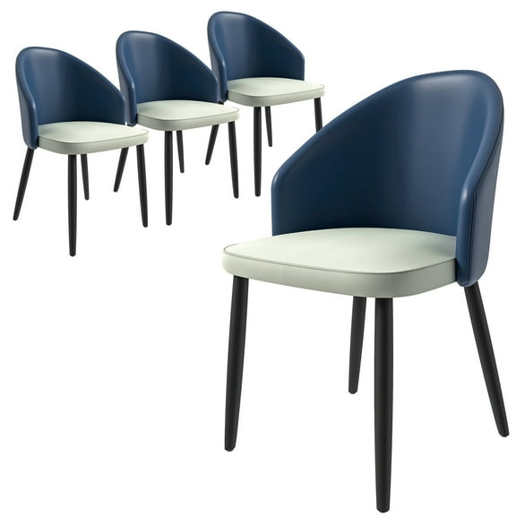 LeisureMod Dining Chair Upholstered in Leather with Curve-Back Design and Wood Leg for Modern Home and Kitchen Set of 4 Paradiso Collection in Blue/White