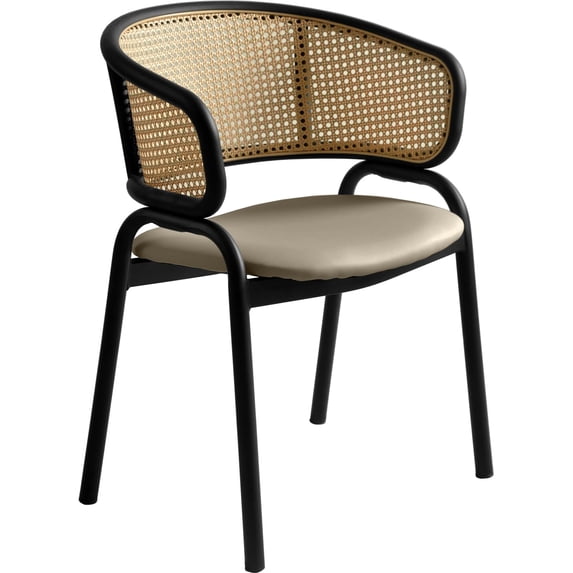 LeisureMod Dining Chair Upholstered in Leather with Curved Wicker Back Armchair and Black Powder-Coated Stainless Steel Frame and Legs for Modern Home, Kitchen Collection in Taupe