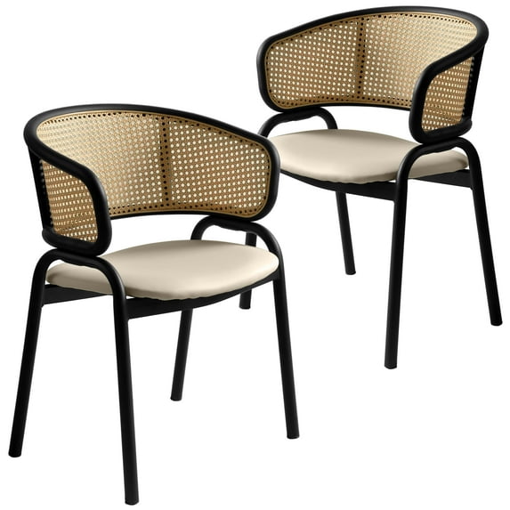 LeisureMod Dining Chair Upholstered in Leather with Curved Wicker Back Armchair and Black Powder-Coated Stainless Steel Frame and Legs for Modern Home, Kitchen Ervilla Collection in Beige Set of 2