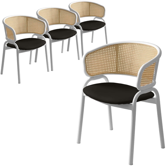 LeisureMod Dining Chair Upholstered in Leather with Curved Wicker Back Armchair and White Powder-Coated Stainless Steel Frame and Legs for Modern Home, Kitchen Ervilla Collection Set of 4 in Black