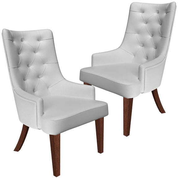 LeisureMod Dining Chair Upholstered in Leather with Diamond-Tufted High Back Design and Stained Rubberwood Legs for Modern Home and Kitchen Spruce Collection Set of 2 in Light Grey