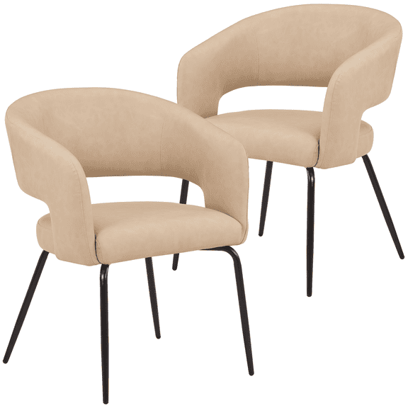 LeisureMod Dining Chair Upholstered in Leather with Open Curved Backrest and Powder-Coated Iron Legs for Modern Home, Kitchen, Offices Gavin Collection in Light Taupe Leather Set of 2