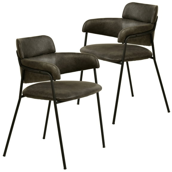 LeisureMod Dining Chair Upholstered in Leather with Powder-Coated Stainless Steel Legs for Modern Home and Kitchen Axis Collection Set of 2 in Charcoal