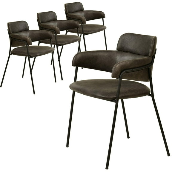 LeisureMod Dining Chair Upholstered in Leather with Powder-Coated Stainless Steel Legs for Modern Home and Kitchen Axis Collection Set of 4 in Charcoal