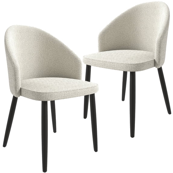 LeisureMod Dining Chair Upholstered in Boucle with Curve-Back Design and Wood Leg for Modern Home and Kitchen Set of 2 Paradiso Collection in White
