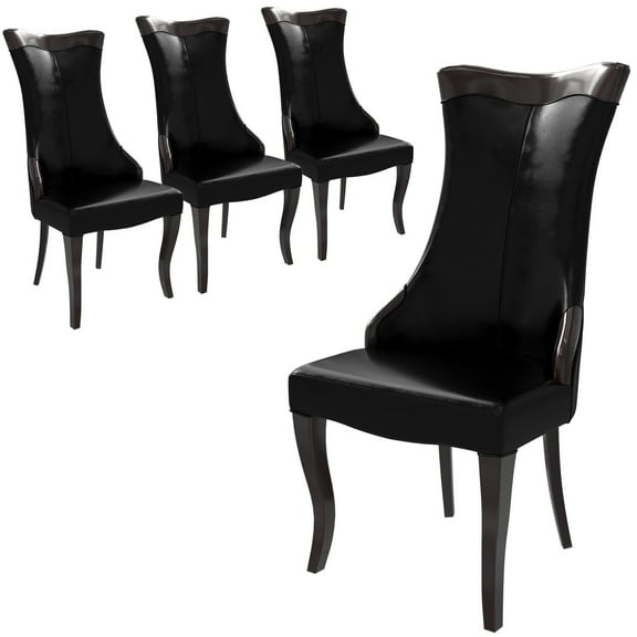 LeisureMod Dining Chair Upholstered in Leather with Rubberwood Legs for Kitchen and Dining Room Novara Collection Set of 4 in Black