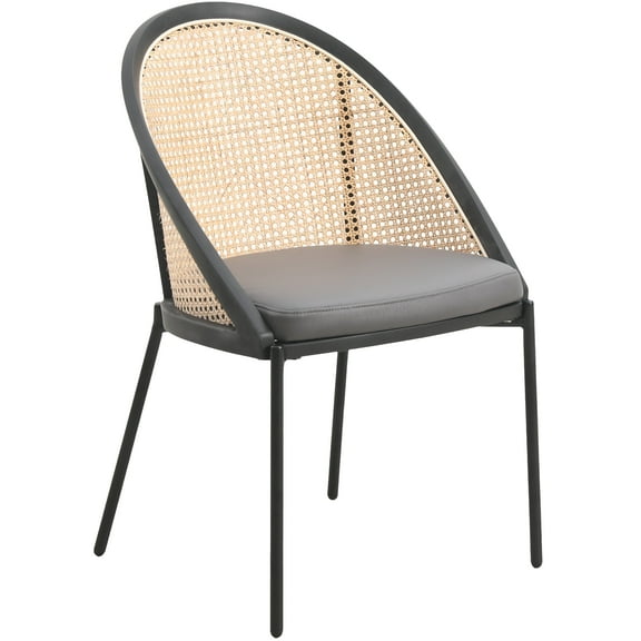 LeisureMod Dining Chair with Vinyl Fabric Seat and Wicker Backrest in Black Stainless Steel Legs Modern Accent Armchair Urbane Collection in Charcoal