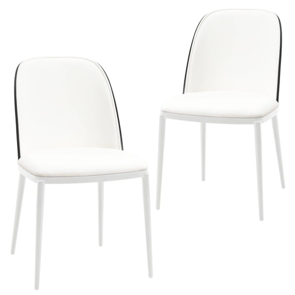 LeisureMod Tule Mid-Century Modern Dining Side Chair with Leather Seat and White Powder-Coated Steel Frame, Set of 2
