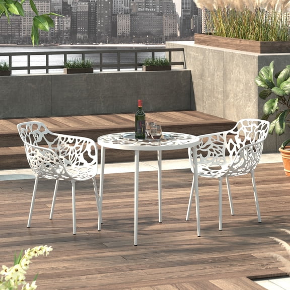 LeisureMod Dining Table in Aluminum with Tempered Glass Top and Floral Cutout Design Painted Finish Indoor and Outdoor Use for Modern Home, Patio, Backyard, Living Room Devon Collection in White