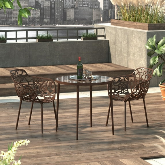 LeisureMod Dining Table in Aluminum with Tempered Glass Top and Floral Cutout Design Painted Finish Indoor and Outdoor Use for Modern Home, Patio, Backyard, Living Room Devon Collection in Brown