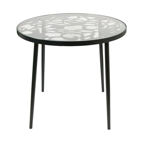 LeisureMod Dining Table in Aluminum with Tempered Glass Top and Floral Cutout Design Painted Finish Indoor and Outdoor Use for Modern Home, Patio, Backyard, Living Room Devon Collection in Black