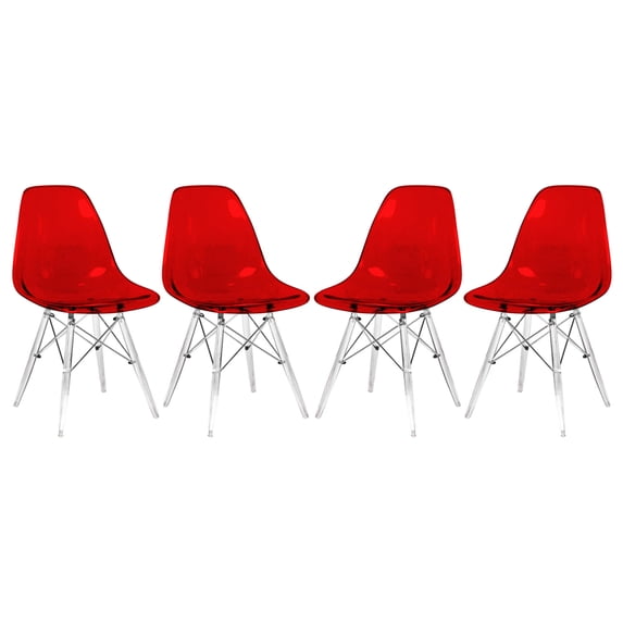 LeisureMod Dover Dining Side Chair With Acrylic Eiffel Base in Red Set of 4