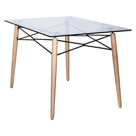 LeisureMod Dover 4Ft Rectangle Glass Top Dining Table with Natural Wood Eiffel Base