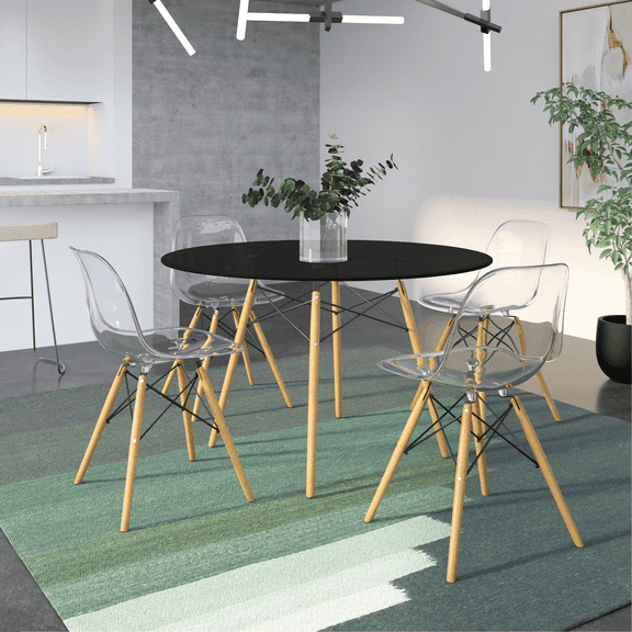 LeisureMod Dover Round Wooden Top Dining Table with Natural Wood Eiffel Base-Color:Transparent Black