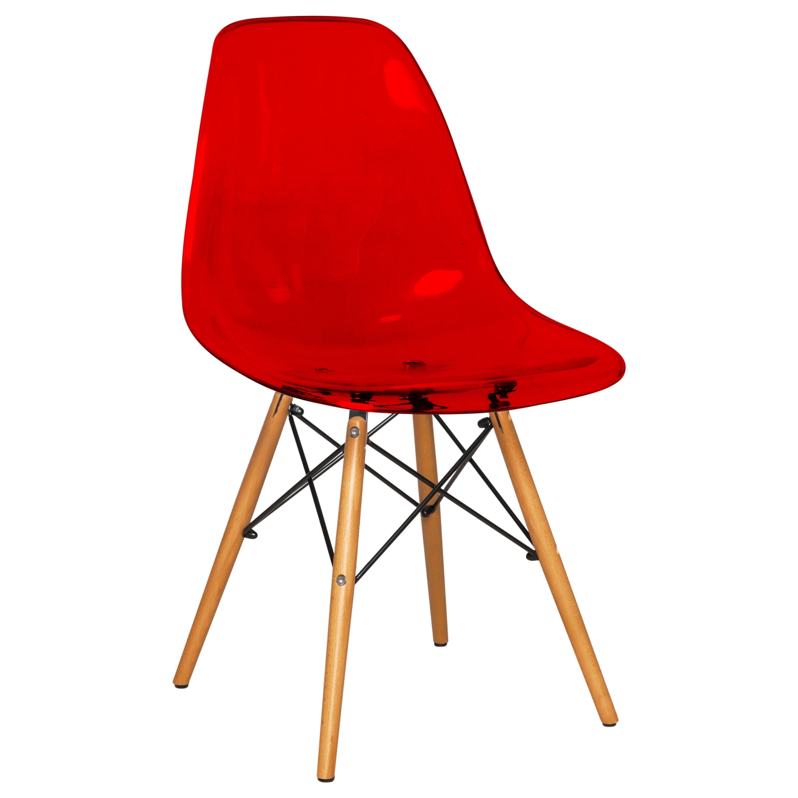 Transparent Red Molded Plastic Side Chair with Wooden Legs