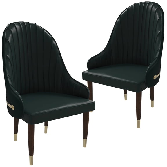 LeisureMod Dining Chair Upholstered Leather Seat and Elegant Ripple Back with Rubberwood Frame and Legs with Gold Accents Modern Armchair Elara Collection Set of 2 in Green