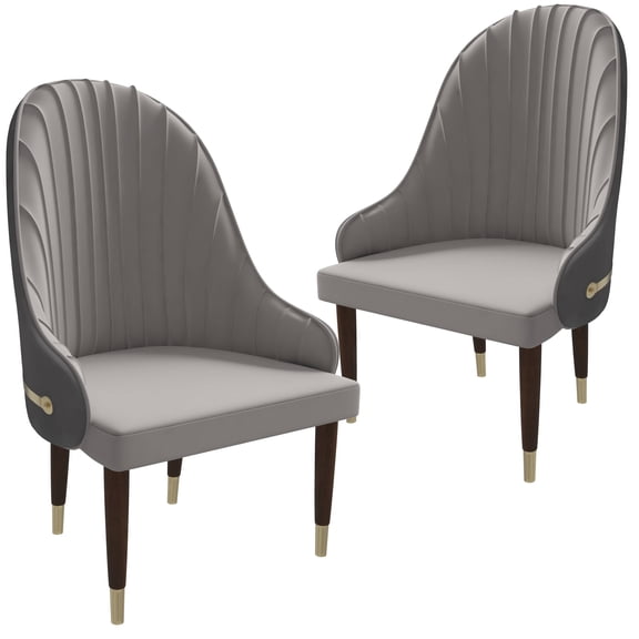 LeisureMod Dining Chair Upholstered Leather Seat and Elegant Ripple Back with Rubberwood Frame and Legs with Gold Accents Modern Armchair Elara Collection Set of 2 in Grey