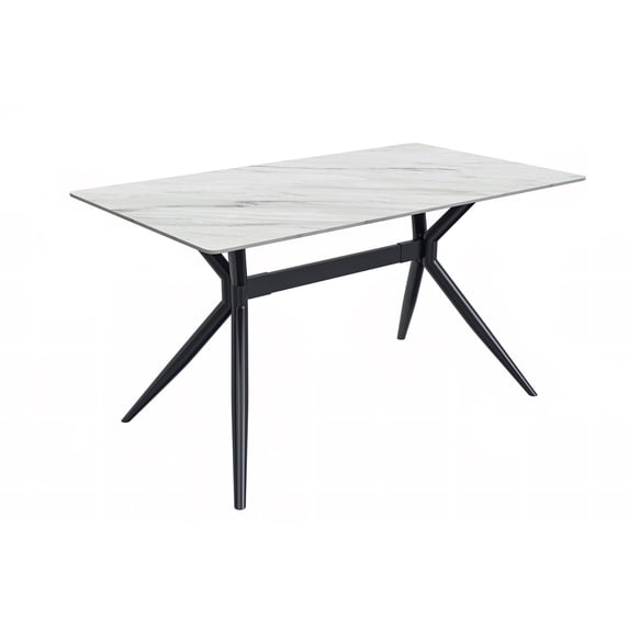LeisureMod Elega Series Modern 62” Dining Table with Sintered Stone or Glass Rectangular Top and Black Stainless Steel Base in White