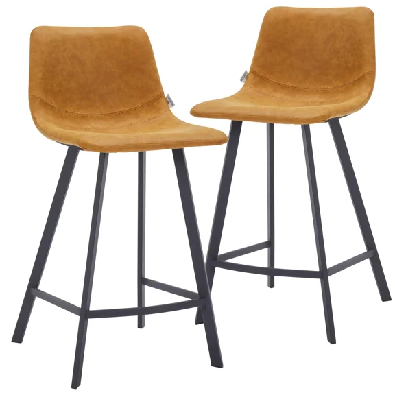 LeisureMod Elland Leather Bar Stool – Modern Counter Height Stool with Black Stainless Steel Legs for Kitchen Island or Home Bar Set of 2