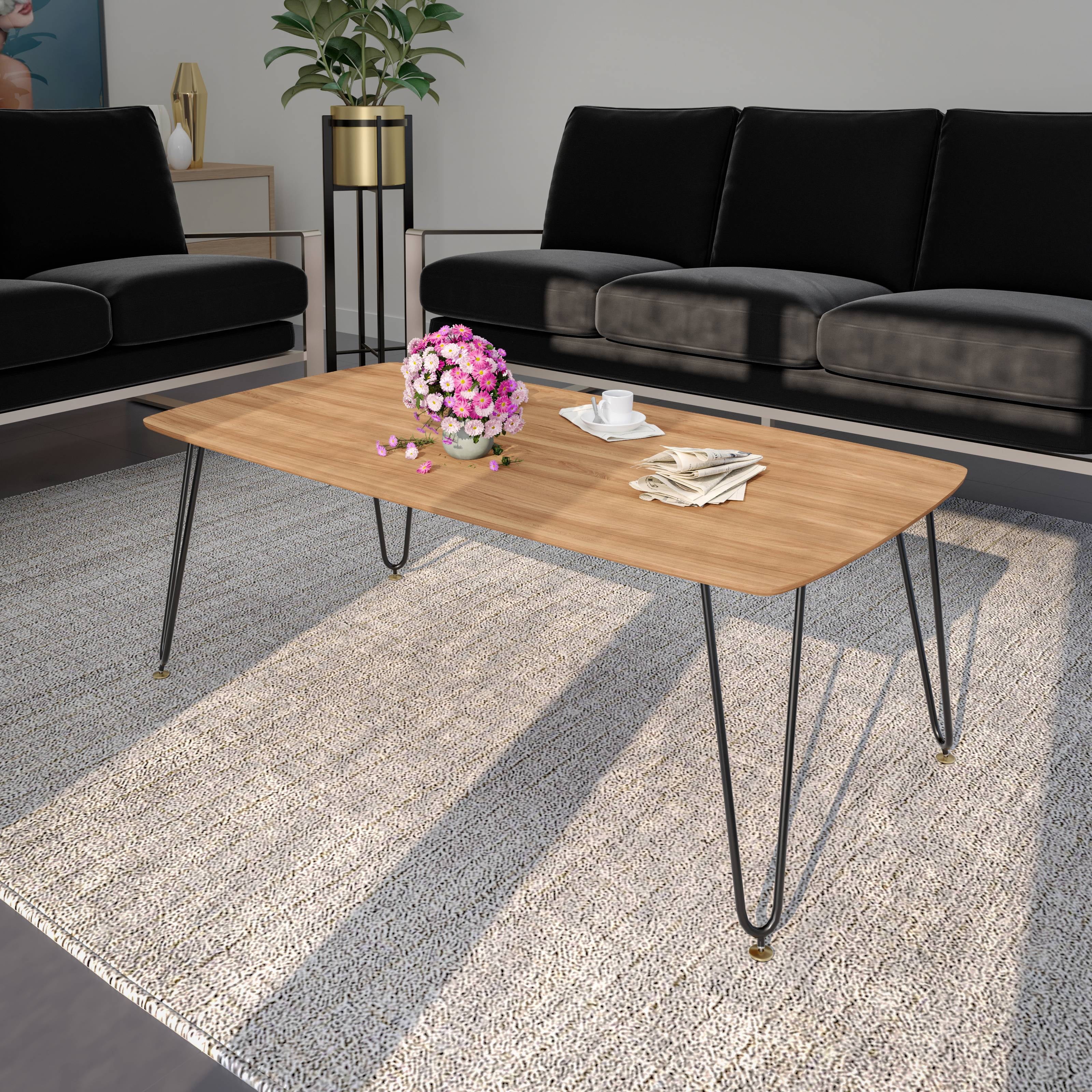 Elmwood Natural Wood Coffee Table with Black Iron Legs, 47"