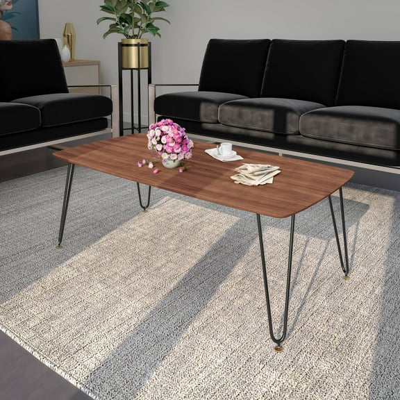 LeisureMod Modern Coffee 47" Rectangular Wood with Sturdy Metal Legs Wooden Cocktail Table for Living Reception Room, Elmwood Collection, Walnut