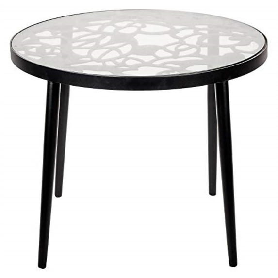 LeisureMod End Table in Aluminum with Tempered Glass Top and Floral Cutout Design Painted Finish Indoor and Outdoor Use for Modern Home, Patio, Backyard, Living Room Devon Collection in Black