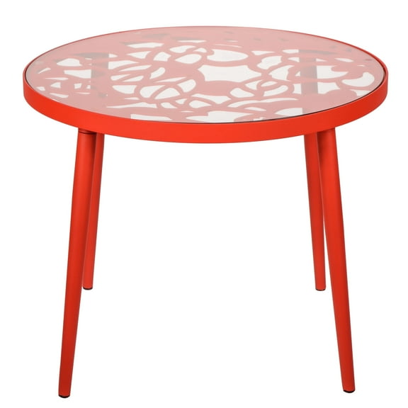 LeisureMod End Table in Aluminum with Tempered Glass Top and Floral Cutout Design Painted Finish Indoor and Outdoor Use for Modern Home, Patio, Backyard, Living Room Devon Collection in Red