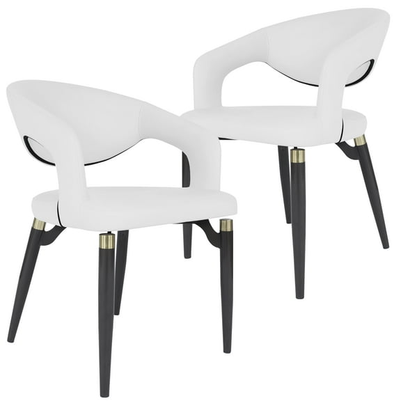 LeisureMod Entice Modern Dining Chairs Upholstered Leather Seat Curved Back Metal Legs Contemporary Chairs for Kitchen and Dining Room Set of 2 in White