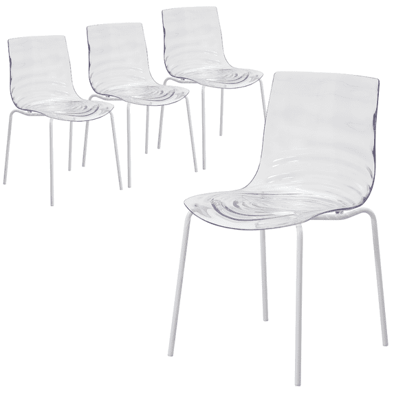 LeisureMod Ergonomic Dinning Chair Ripple Design in White Base Transparent Seat Set of 4 Astor Collection in Clear