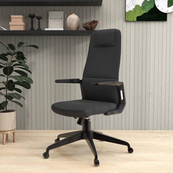 LeisureMod Ergonomic Office Chair High-Back Leather Computer Chair with Padded Headrest Adjustable Height Swivel and Tilt Desk Chair and Double Wheel Casters Nexa Collection in Black