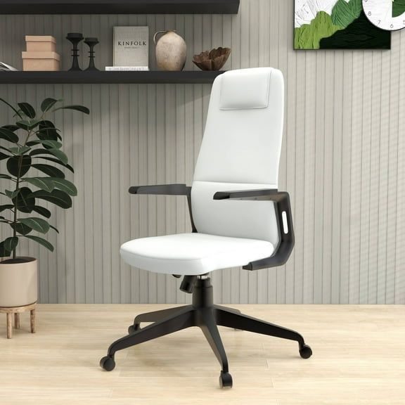 LeisureMod Ergonomic Office Chair High-Back Leather Computer Chair with Padded Headrest Adjustable Height Swivel and Tilt Desk Chair and Double Wheel Casters Nexa Collection in White