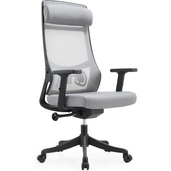 LeisureMod Ergonomic Office Chair - High Back Mesh Chair with Lumbar Support, Adjustable Armrests & Height, Breathable Computer Chair for Comfort, Light Grey