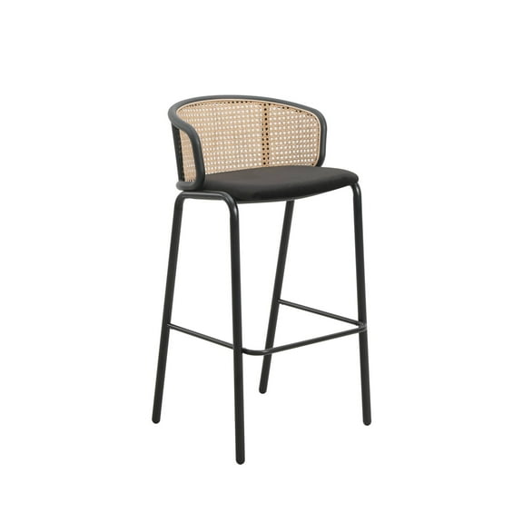 LeisureMod Ervilla Mid-Century Modern Wicker Bar Stool with Fabric Seat and Black Powder Coated Steel Frame, Black