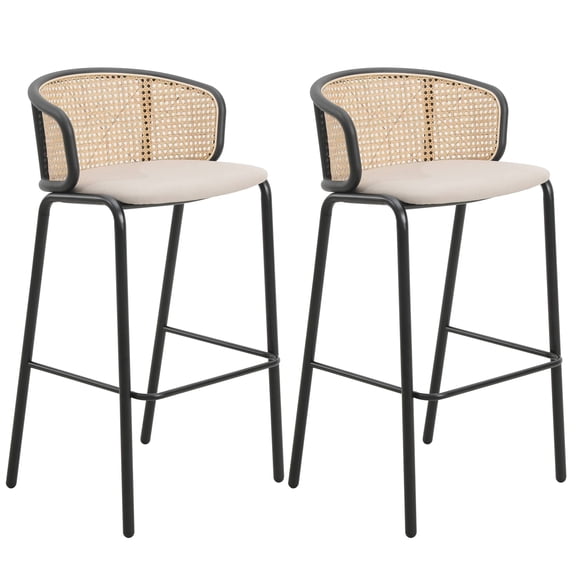 LeisureMod Ervilla Mid-Century Modern Wicker Bar Stool with Fabric Seat and Black Powder Coated Steel Frame Set of 2, Beige