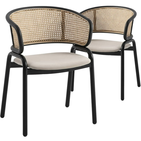 LeisureMod Ervilla Mid Century Modern Dining Chair With Stainless Steel Legs Velvet Seat and Wicker Back, Contemporary Dining Arm Chairs for Kitchen and Dining Room, Set of 2 (Beige)