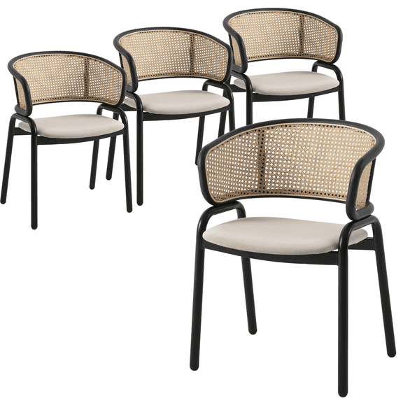 LeisureMod Ervilla Mid Century Modern Dining Chair With Stainless Steel Legs Velvet Seat and Wicker Back, Contemporary Dining Arm Chairs for Kitchen and Dining Room, Set of 4 (Beige)