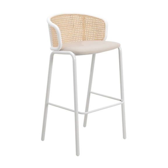 LeisureMod Ervilla Mid-Century Modern Wicker Bar Stool with Fabric Seat and White Powder Coated Steel Frame, Beige