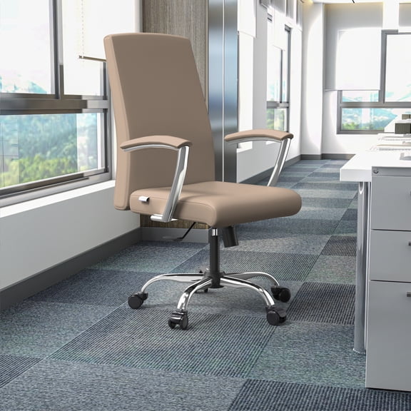 LeisureMod Evander Mid-Century Modern Swivel Office Chair in Faux Leather with Adjustable Height and Silver Frame, Taupe