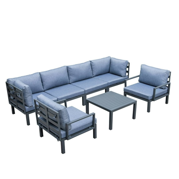 LeisureMod Hamilton 7-Piece Aluminum Patio Conversation Set With Coffee Table And Cushions-Color:Aluminum,Material:Aluminum