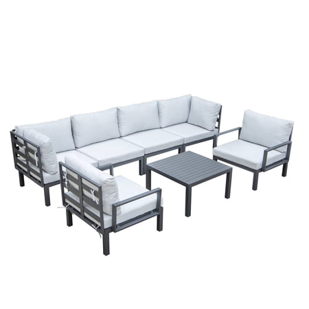 LeisureMod Hamilton Modern 7-Peice Modular Outdoor Sectional Aluminum Patio Conversation Set with Coffee Table & Light Gray Cushions