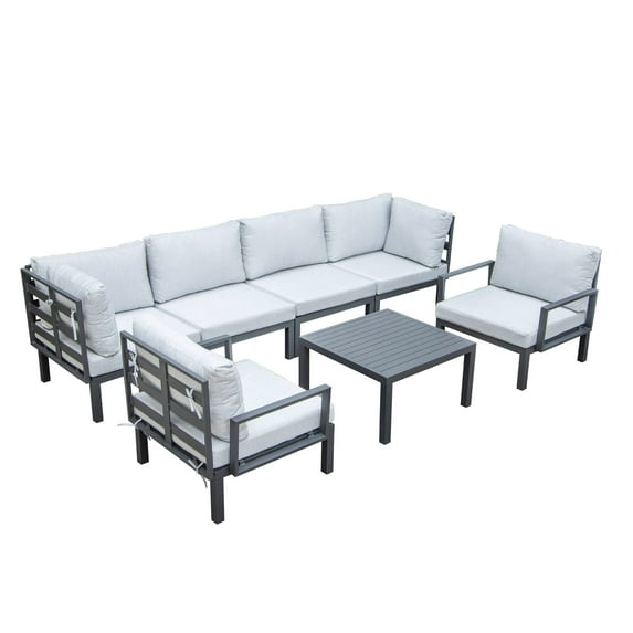 LeisureMod Hamilton Modern 7-Peice Modular Outdoor Sectional Aluminum Patio Conversation Set with Coffee Table & Light Gray Cushions