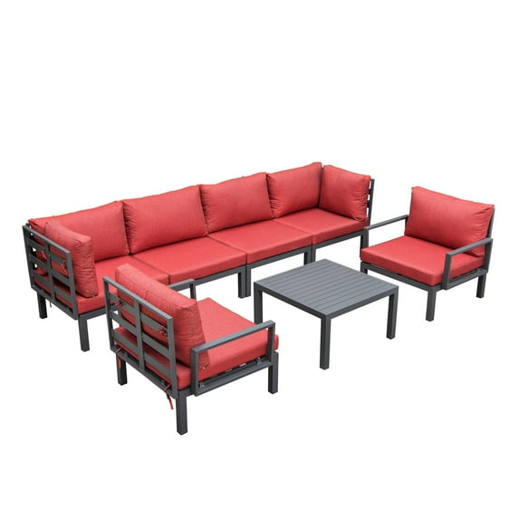 LeisureMod Hamilton Modern 7-Peice Modular Outdoor Sectional Aluminum Patio Conversation Set with Coffee Table & Red Cushions