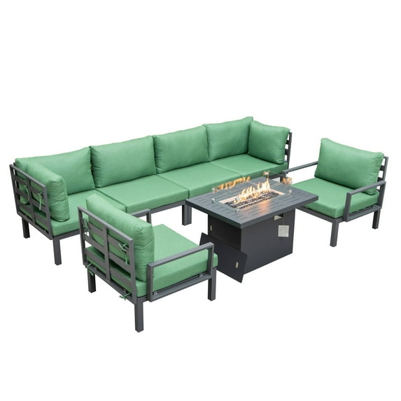 LeisureMod Hamilton 7-Peice Patio Conversation Set with Firepit Table in Green
